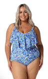 Capriosca - Long Frill V Neck One Piece- Blue Print