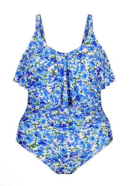 Capriosca - Long Frill V Neck One Piece- Blue Print